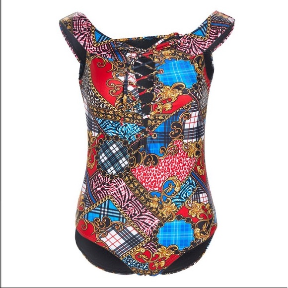 YMI Other - YMI Red & Blue Patchwork Off Shoulder One-Piece Swimsuit Women’s Small NWT